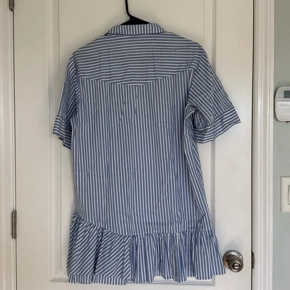 Zara Blue and Cream Striped Mini Dress Ruffle Frill Size Small Oversized - Picture 5 of 9